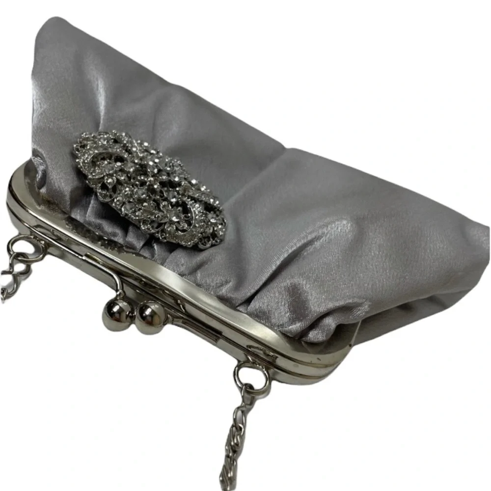 Vintage Purse Silver Rhinestone Jewel Embellished Button Silver Chain Handle Y2K